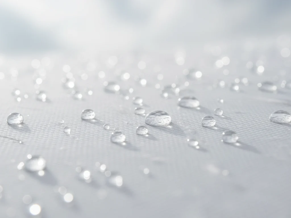 Detail permukaan material kanopi membran yang kedap air, di mana tetesan air hujan tidak meresap dan mudah dibersihkan.