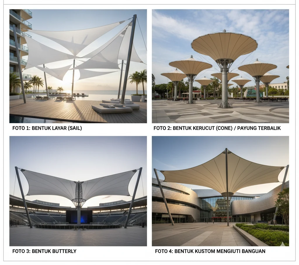 Kolase berbagai desain kanopi membran untuk parkiran, menunjukkan bentuk layar, kerucut, dan kupu-kupu yang unik dan artistik.