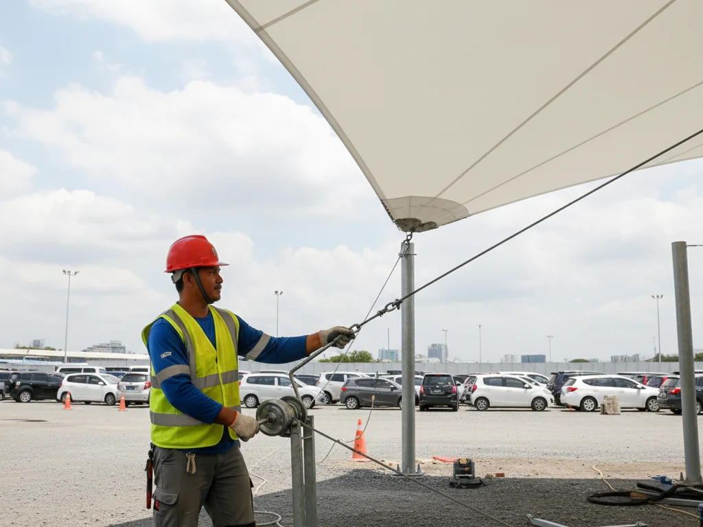 Tim profesional Barokah Gunung Mas sedang dalam proses pemasangan struktur baja untuk kanopi membran parkiran di lokasi proyek.