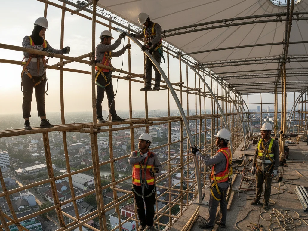Proses pemasangan rangka kanopi membran di lokasi rooftop yang sulit dijangkau di Malang