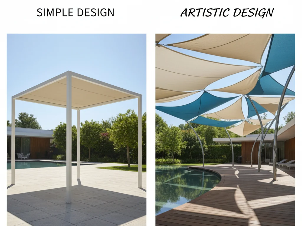 Perbandingan antara desain kanopi membran sederhana dengan desain artistik yang mempengaruhi biaya pemasangan.