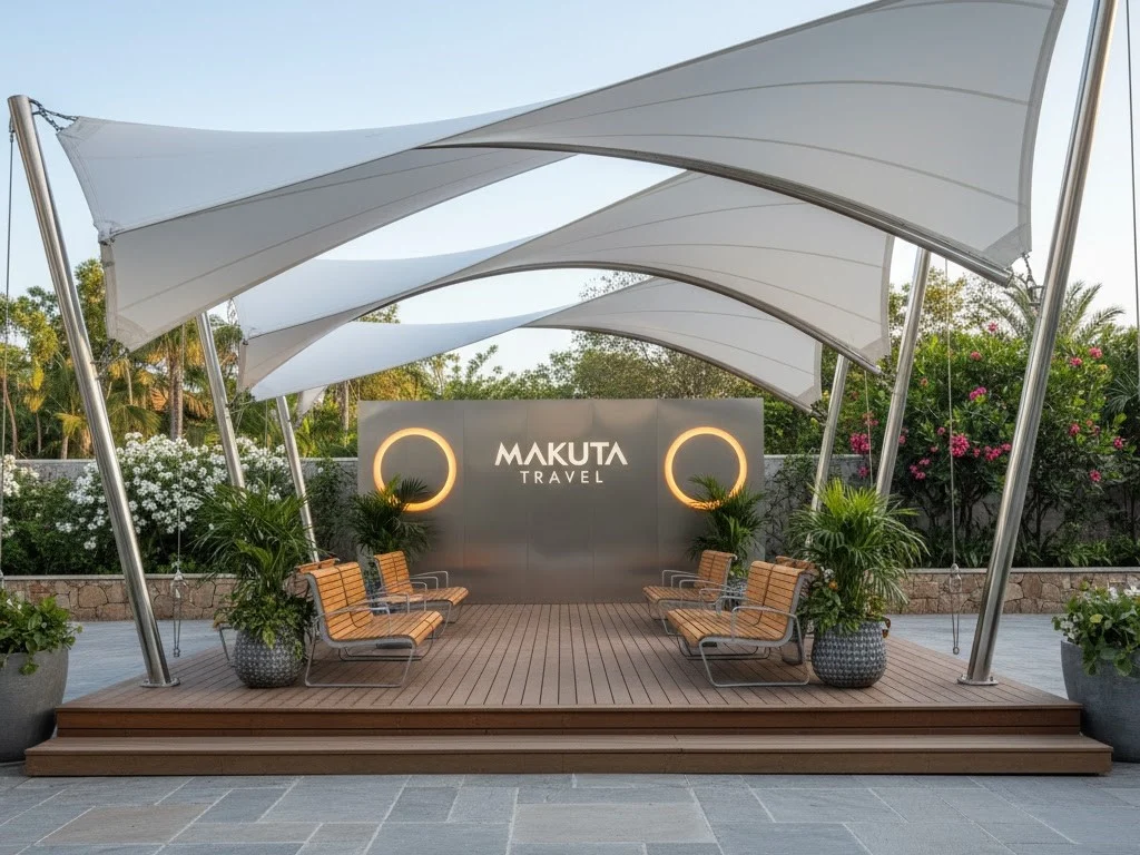 Contoh kanopi membran untuk bisnis yang dipasang di area tunggu travel